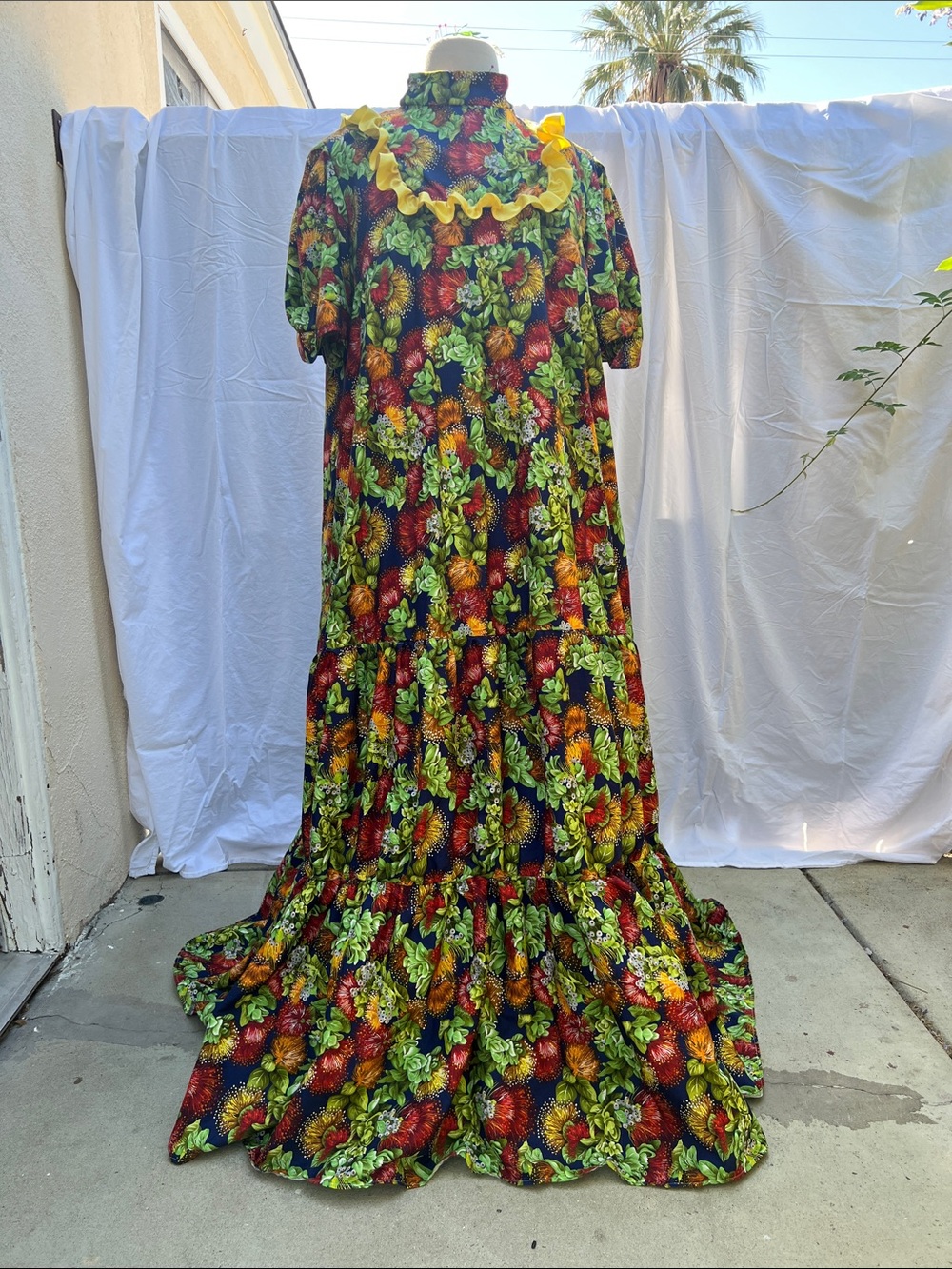 Ohi’a Lehua Tiered Mumu Dress with Yellow Ruffle.